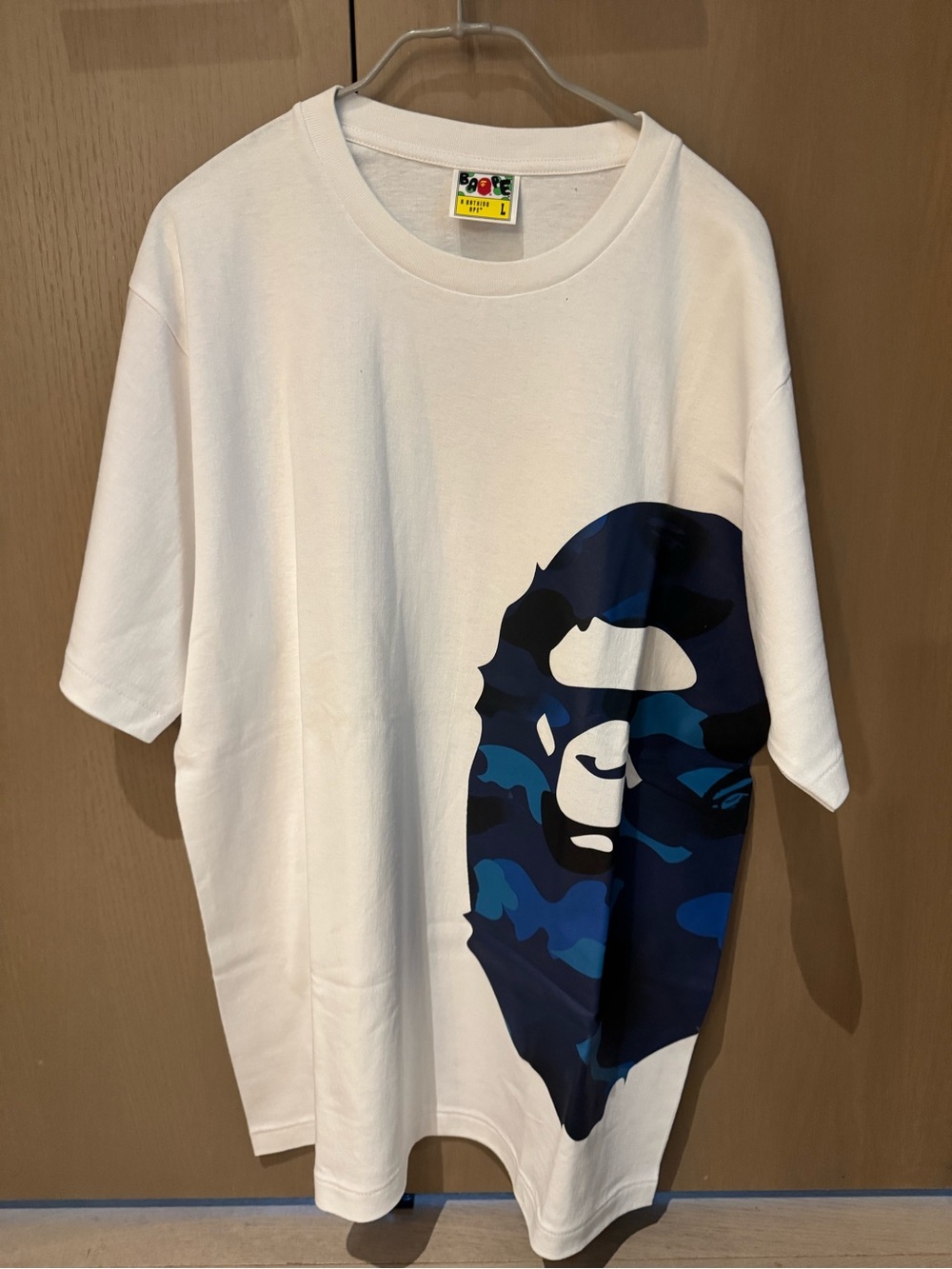 Bape White Tee with Blue Camo Ape Head Graphic